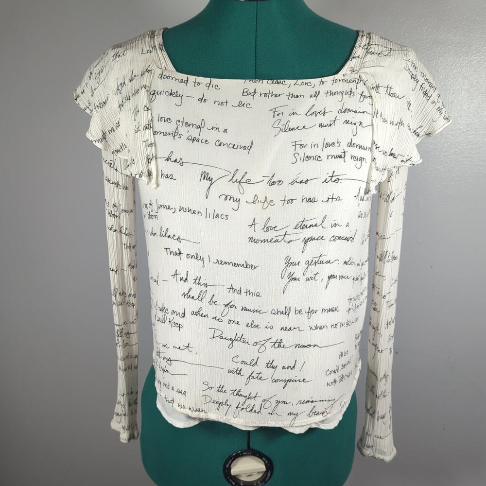 Club Monaco Literary Script Print Ruffle Layered Sleeve Top XS Poetcore